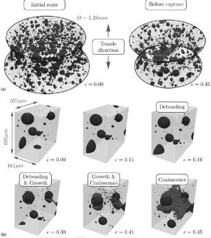 Evolution de l'endommagement dans un composite ductile en aluminium renforcé par des sphères en verre métallique observée par tomographie aux rayons x synchrotron (ESRF, ID19). (Ferre et al. Materials Science and Technology 2015).