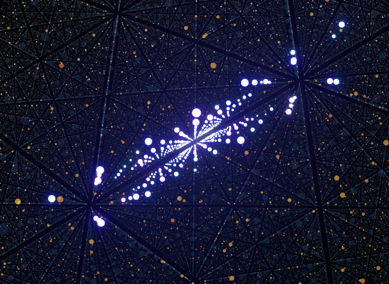 Image faites de formes géométriques triangulaires bleues grises et noirs avec quelques point oranges et traversées par une bande de point lumineux mauves