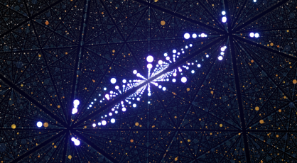 Image faites de formes géométriques triangulaires bleues grises et noirs avec quelques point oranges et traversées par une bande de point lumineux mauves